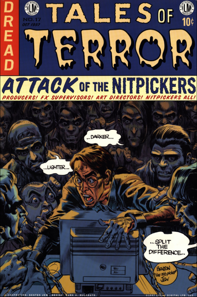 The 1997 ILM Halloween Party poster, featuring artwork by concept artist Benton Jew. An artist is seen clutching his computer while horror characters tell him "lighter" and "darker."